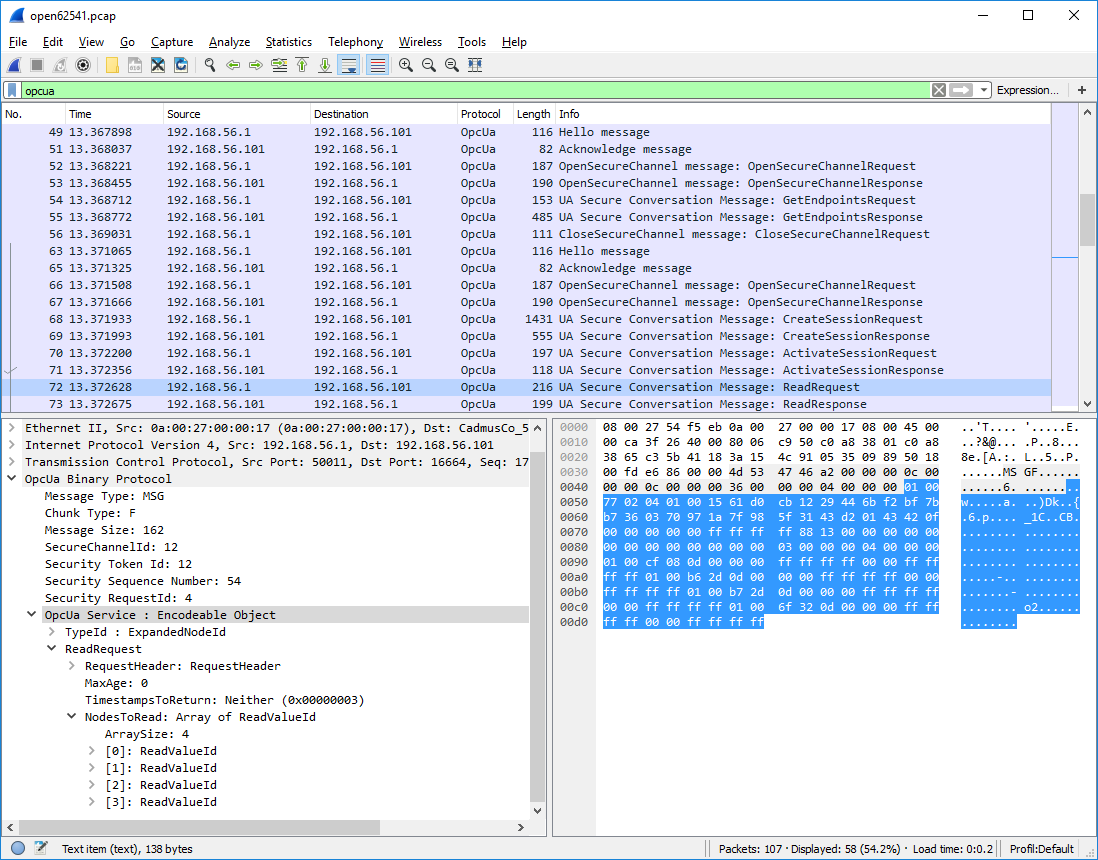OPC UA binary conversation captured in Wireshark